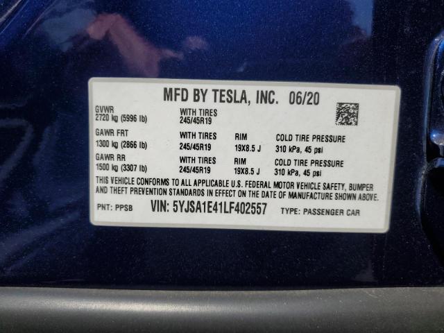 5YJSA1E41LF402557 - 2020 TESLA MODEL S Синій фото 12