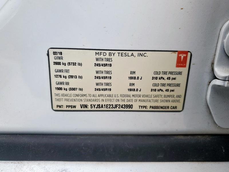 5YJSA1E23JF243990 - 2018 TESLA MODEL S თეთრი ფოტო 13