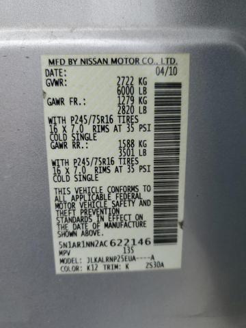 5N1AR1NN2AC622146 - 2010 NISSAN PATHFINDER S Արծաթագույն լուսանկար 13