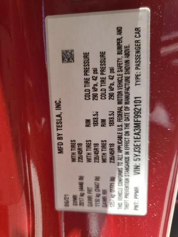 5YJ3E1EA3MF992101 - 2021 TESLA MODEL 3 RED photo 13