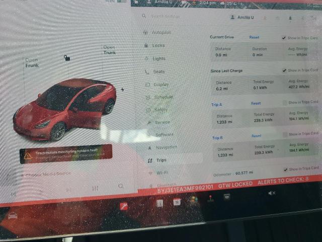 5YJ3E1EA3MF992101 - 2021 TESLA MODEL 3 RED photo 9