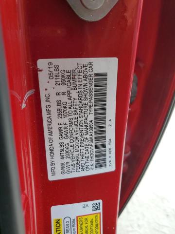 1HGCV1F36KA109504 - 2019 HONDA ACCORD SPORT Қызыл фото 13