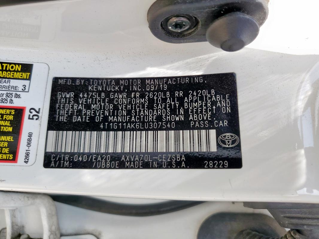 4T1G11AK6LU307540 - 2020 TOYOTA CAMRY SE WHITE photo 12