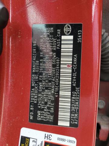 4T1BE46K29U284887 - 2009 TOYOTA CAMRY BASE 红色 照片 12