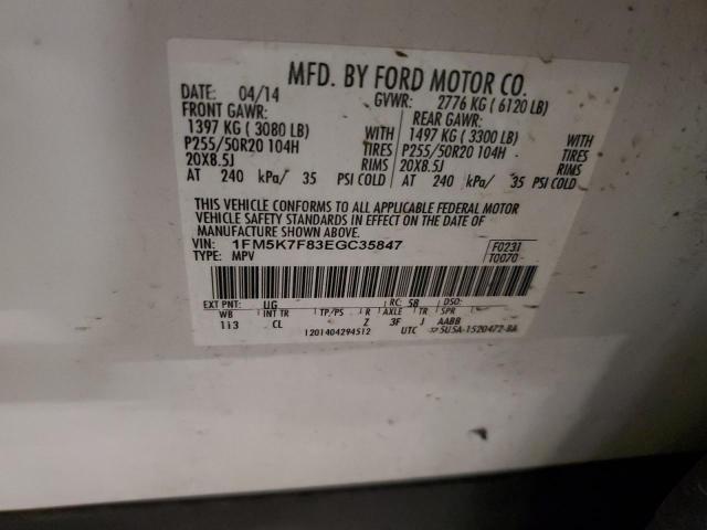 1FM5K7F83EGC35847 - 2014 FORD EXPLORER LIMITED WHITE photo 14