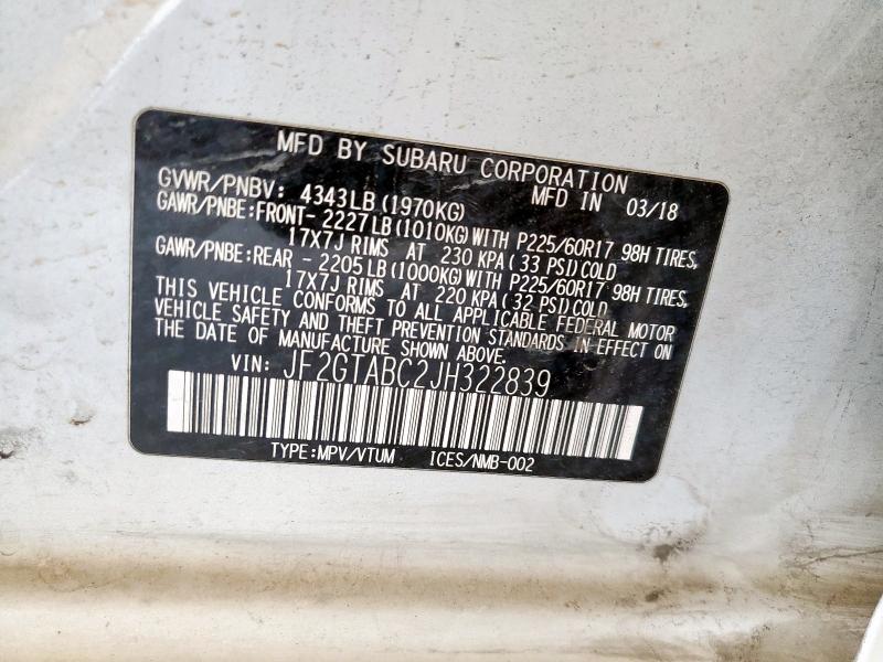 JF2GTABC2JH322839 - 2018 SUBARU CROSSTREK PREMIUM WHITE photo 13