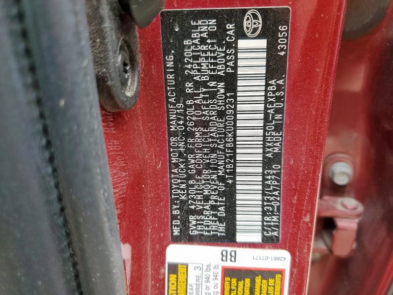 4T1B21FB6KU009231 - 2019 TOYOTA AVALON XLE RED photo 12