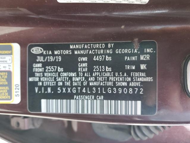 5XXGT4L31LG390872 - 2020 KIA OPTIMA LX MAROON photo 12