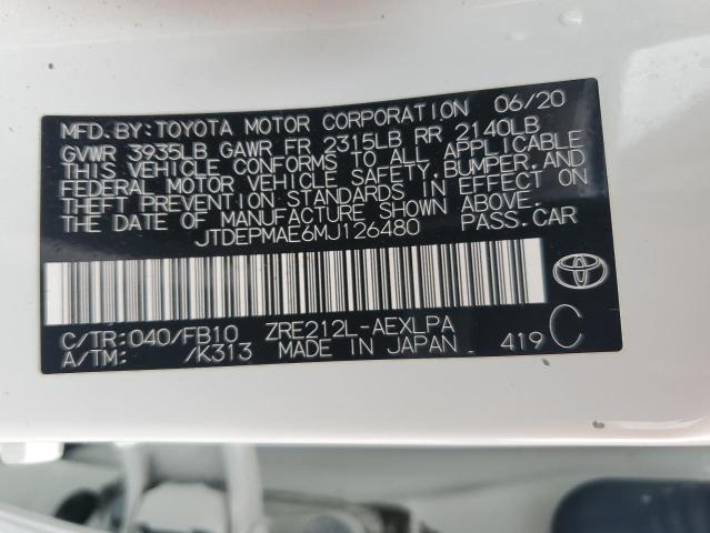 JTDEPMAE6MJ126480 - 2021 TOYOTA COROLLA LE WHITE photo 12