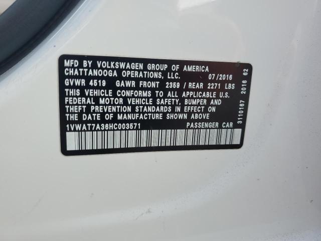 1VWAT7A36HC003571 - 2017 VOLKSWAGEN PASSAT S WHITE photo 12