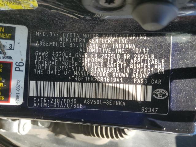 4T4BF1FK2CR161941 - 2012 TOYOTA CAMRY BASE أسود صورة 13