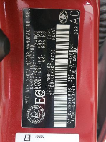 2T1BU40E89C170738 - 2009 TOYOTA COROLLA BASE Rojo foto 12