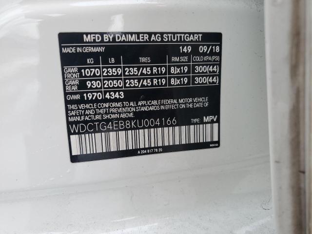 WDCTG4EB8KU004166 - 2019 MERCEDES-BENZ GLA 250 Սպիտակ լուսանկար 13