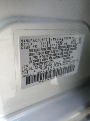 3N1AB7APXKY274725 - 2019 NISSAN SENTRA S Plata foto 12