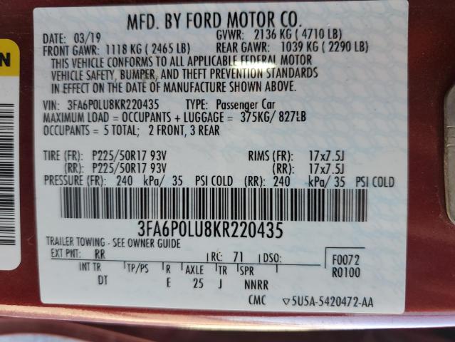 3FA6P0LU8KR220435 - 2019 FORD FUSION SE RED photo 12