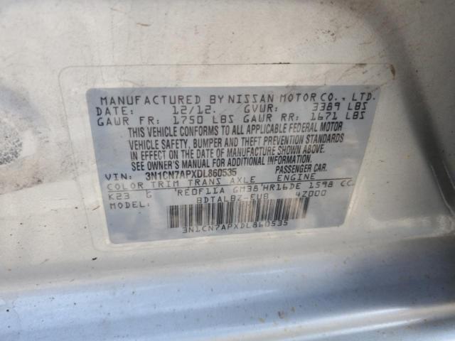 3N1CN7APXDL860535 - 2013 NISSAN VERSA S 银色 照片 13