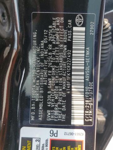 4T4BF1FK1CR227492 - 2012 TOYOTA CAMRY BASE BLACK photo 13