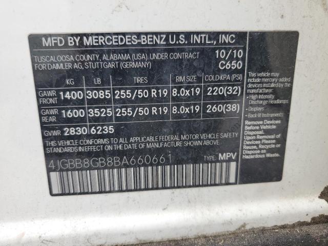 4JGBB8GB8BA660661 - 2011 MERCEDES-BENZ ML 350 4MATIC WHITE photo 13