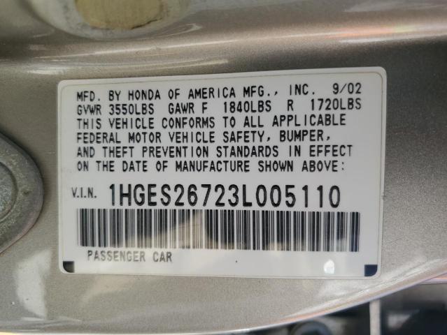 1HGES26723L005110 - 2003 HONDA CIVIC EX GOLD photo 12