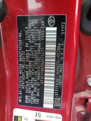 4T1C11AK8NU675431 - 2022 TOYOTA CAMRY LE BURGUNDY photo 12