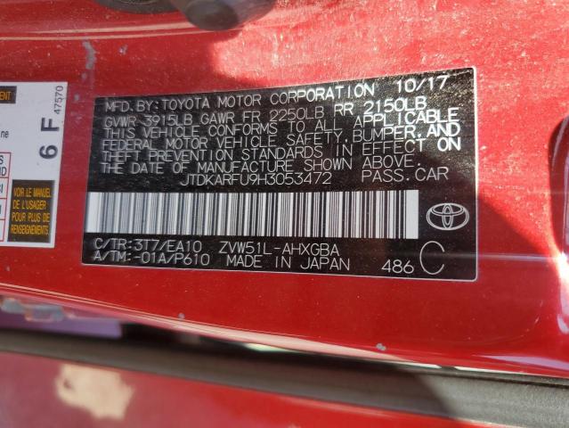 JTDKARFU9H3053472 - 2017 TOYOTA PRIUS RED photo 12