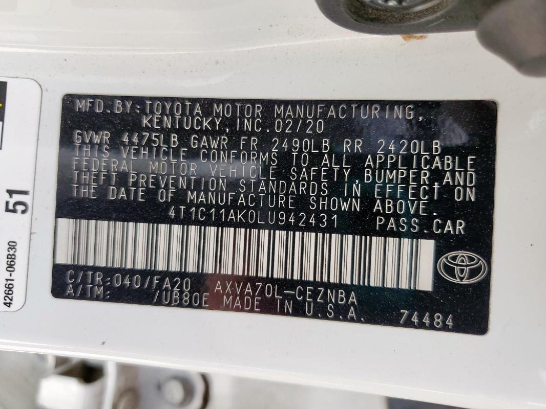 4T1C11AK0LU942431 - 2020 TOYOTA CAMRY LE 白色 照片 13