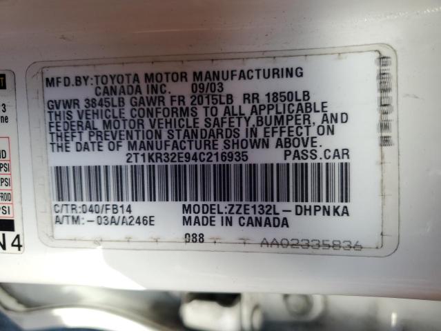 2T1KR32E94C216935 - 2004 TOYOTA COROLLA MA XR WHITE photo 13