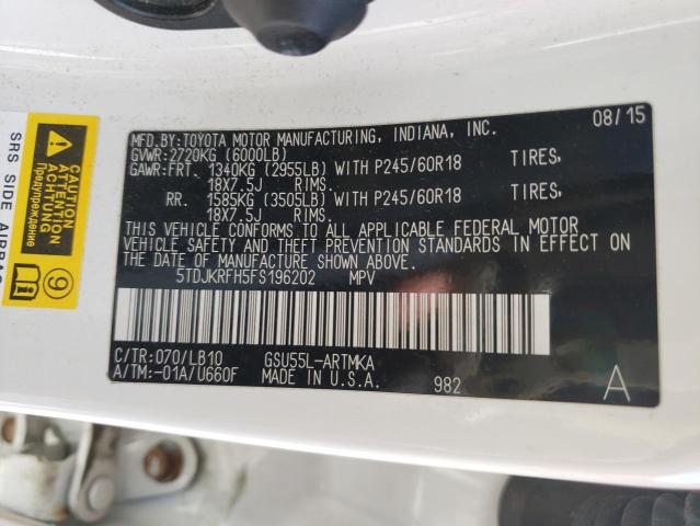 5TDJKRFH5FS196202 - 2015 TOYOTA HIGHLANDER XLE Ağ foto 14