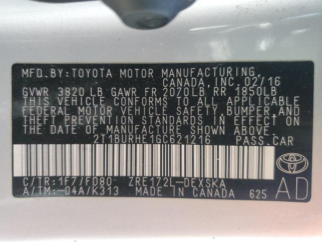 2T1BURHE1GC621216 - 2016 TOYOTA COROLLA L SILVER photo 13