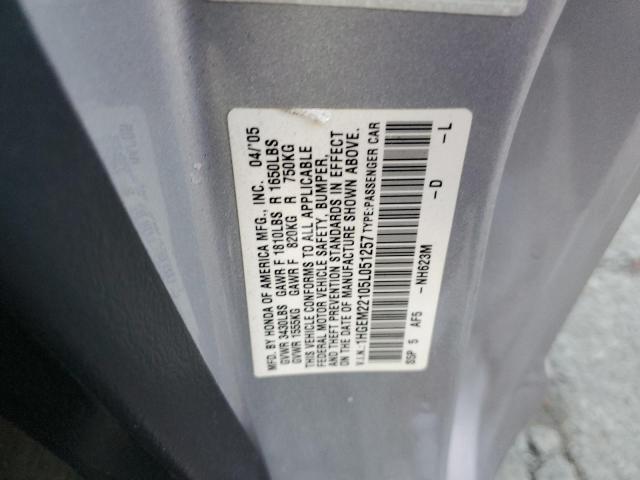 1HGEM22105L051257 - 2005 HONDA CIVIC DX VP SILVER photo 12