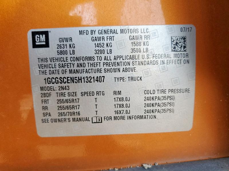 1GCGSCEN5H1321407 - 2017 CHEVROLET COLORADO LT ORANGE photo 12