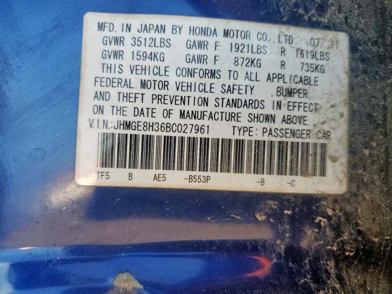 JHMGE8H36BC027961 - 2011 HONDA FIT BLUE photo 13