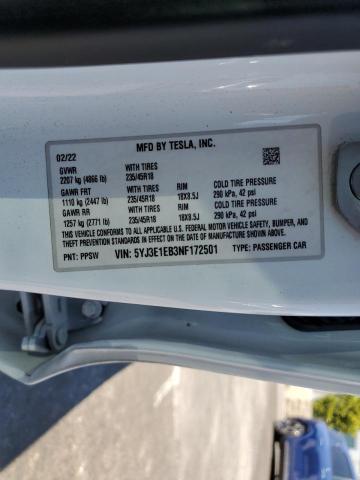 5YJ3E1EB3NF172501 - 2022 TESLA MODEL 3 თეთრი ფოტო 12