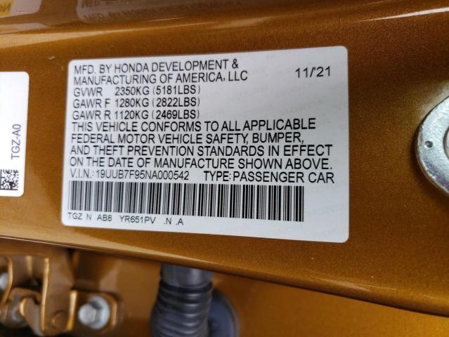 19UUB7F95NA000542 - 2022 ACURA TLX TYPE S GOLD photo 13