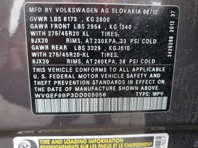 WVGEF9BP3DD005058 - 2013 VOLKSWAGEN TOUAREG V6 GRAY photo 14