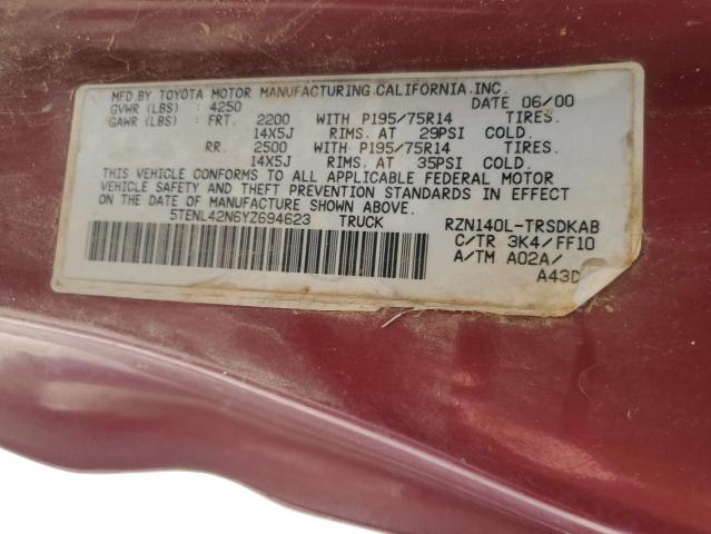 5TENL42N6YZ694623 - 2000 TOYOTA TACOMA MAROON photo 12