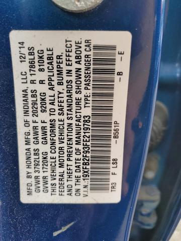 19XFB2F93FE219783 - 2015 HONDA CIVIC EXL BLUE photo 12