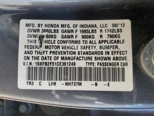19XFB2F51CE361249 - 2012 HONDA CIVIC LX GRAY photo 12