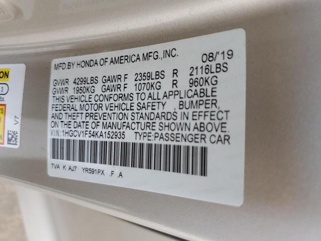 1HGCV1F54KA152935 - 2019 HONDA ACCORD EXL CREAM photo 12