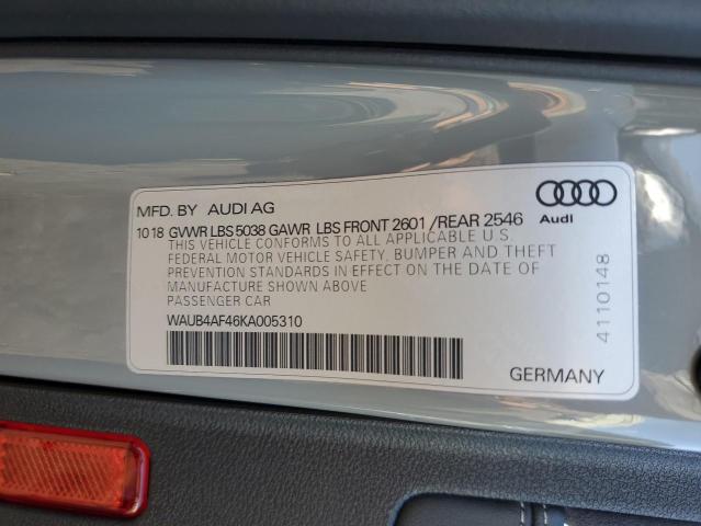 WAUB4AF46KA005310 - 2019 AUDI S4 PREMIUM PLUS GRAY photo 12