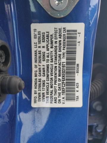 19XFC2F6XKE031971 - 2019 HONDA CIVIC LX 蓝色 照片 12