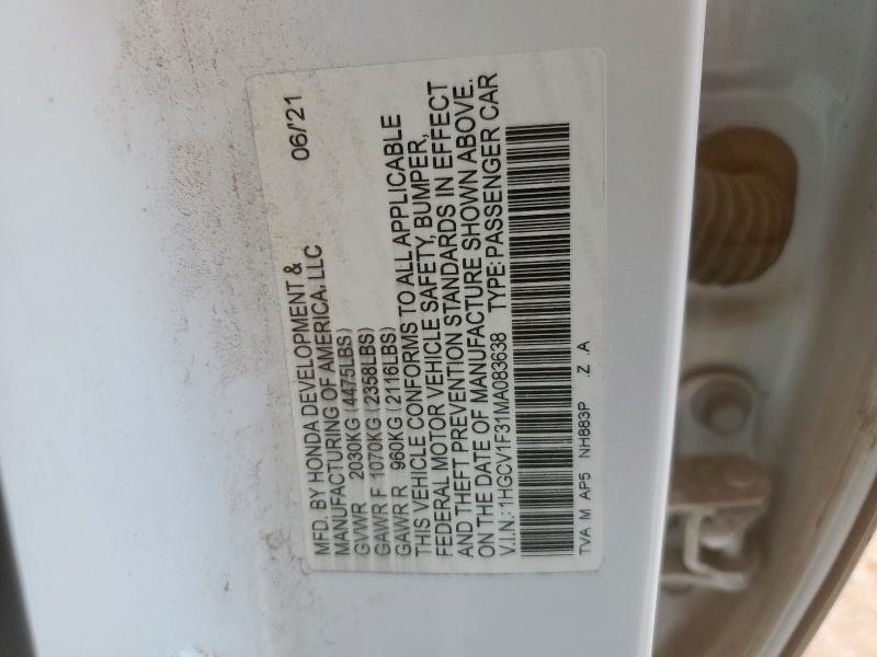 1HGCV1F31MA083638 - 2021 HONDA ACCORD SPORT WHITE photo 12