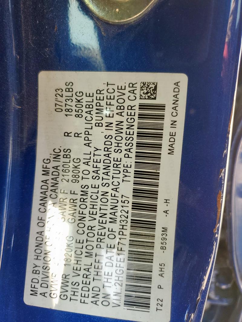 2HGFE1F71PH322157 - 2023 HONDA CIVIC EX BLUE photo 12