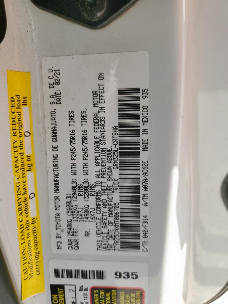 3TYRZ5CNXMT006705 - 2021 TOYOTA TACOMA ACCESS CAB თეთრი ფოტო 12