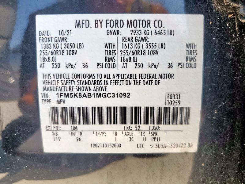 1FM5K8AB1MGC31092 - 2021 FORD EXPLORER POLICE INTERCEPTOR Noir photo 13