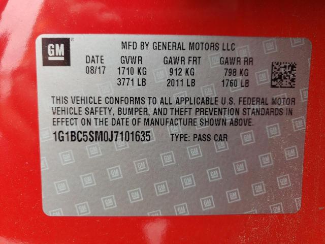 1G1BC5SM0J7101635 - 2018 CHEVROLET CRUZE LS წითელი ფოტო 12