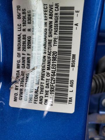 19XFC2F64LE019820 - 2020 HONDA CIVIC LX BLUE photo 12