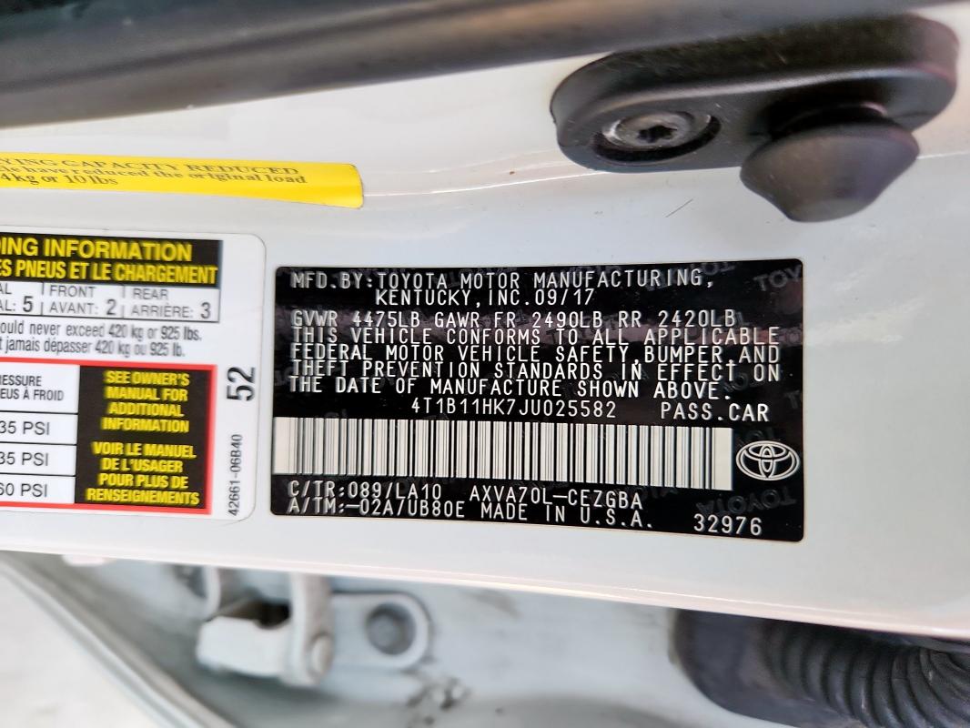 4T1B11HK7JU025582 - 2018 TOYOTA CAMRY L WHITE photo 13