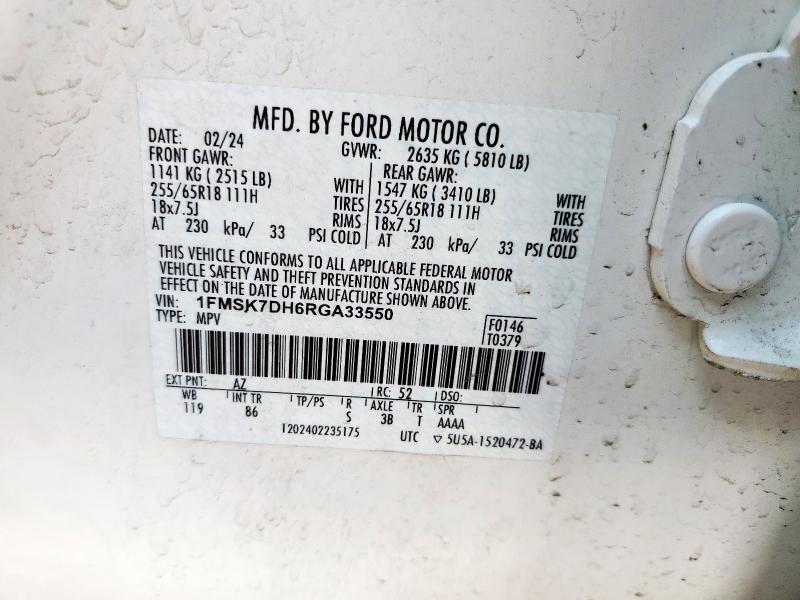 1FMSK7DH6RGA33550 - 2024 FORD EXPLORER XLT Blanco foto 14