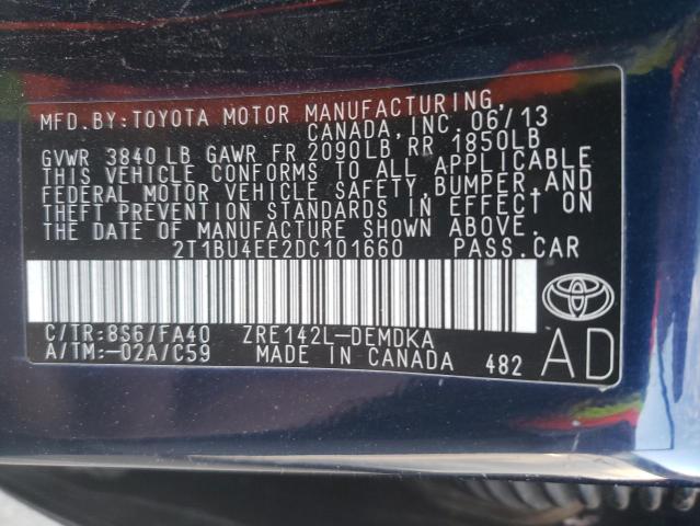 2T1BU4EE2DC101660 - 2013 TOYOTA COROLLA BASE BLUE photo 12